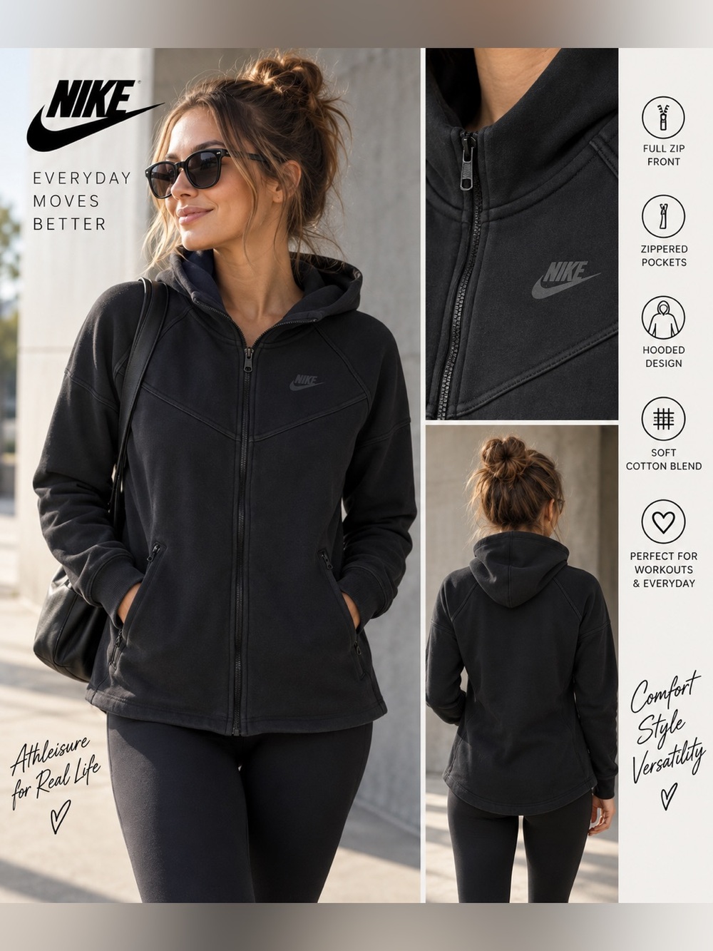 Nike Women’s Black Full Zip Hoodie Jacket Medium Zip Pockets